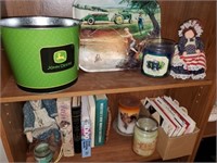 Dolls, books, candles, JD tray & bucket, misc