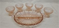 6 Misc Pink Glassware Divided Dish & 5 Cups