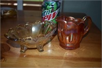 Carnival Glass Creamer and 3 Footed Candy Bowl