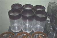 6 Hand Blown Purple Rim Water Glasses