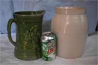 US Made Green Pottery Tavern Pitcher and Crock