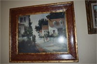 Red and Gold Framed Street Scene Painting