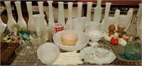 Shelf of Milk Glass Vases, Milk Glass Bowls & More