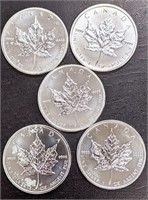 5 x .9999 Fine Silver Canadian Maple Rounds