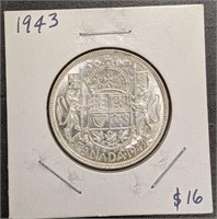 1943 Canada Silver 50-Cent Half Dollar