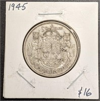 1945 Canada Silver 50-Cent Half Dollar