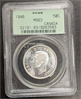 Graded 1946 Canada Silver 50-Cent Coin - MS-63