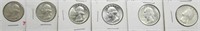 (6) Washington Silver Quarters. Dates: 1960-D,