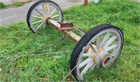 Antique wooden wagon wheels with axle