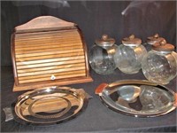 Wooden Breadbox, Canister & Platters