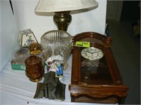 BRASS TABLE LAMP, HOWARD MILLER WALL CLOCK, OLD