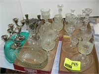 4 FLATS CLEAR GLASS, SILVERPLATE CANDLEHOLDERS,