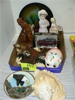 LARGE FLAT WITH FIGURIES, CERAMIC PIG BANK,