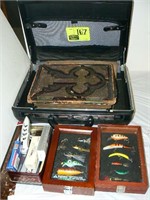 2 FISHING LURE DISPLAY BOXES, TIN FULL OF BOXES