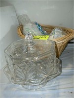 CRYSTAL GLASS CAKE STAND AND COVER, WICKER