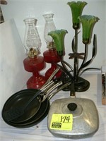 DRAGONFLY TABLE LAMP, 3 TEFLON SKILLETS, 2 RED