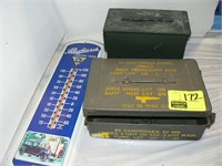 2 AMMO BOXES, PACKARD MOTOR CAR METAL THERMOMETER