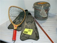 MINNOW BUCKET, TROUT NET, LARGE LURE, PAIR OF