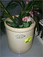 10 GALLON STONEWARE CROCK AND ARTIFICAL FLOWERS