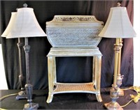 Wood Chest & 4 Table Lamps