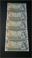 Five 1973 Canada Consecutive Unc One Dollar