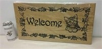 Unused Handcrafted Wooden WelcomeSign w/Cat 19x10"