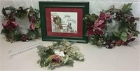 Framed Happy Holidays Print 17x15" & 3 Wreaths