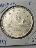 1937 Canada AU50 Silver Dollar King George VI