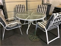 Patio Table, 4 Chairs, Cushions, & Umbrella Stand