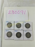 6 Assorted Dates of Barber Half Dollar Coins #1