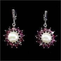 Natural Rhodolite Garnet Pearl Earrings