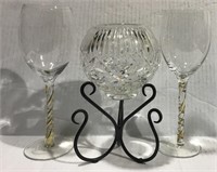 2 CRYSTAL WINE GLASSES AND STAND CANDLE