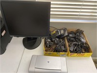 19” Computer Monitor, H P Printer, Cords, Cables