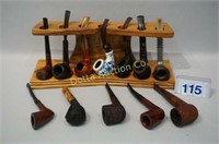 WOODEN PIPE HOLDER RACK & (12) UNIQUE PIPES