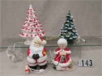 (2) CERAMIC CHRISTMAS TREES & MR. & MRS. SANTA: