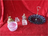 Vintage glassware lot. Cranberry glass swirl and