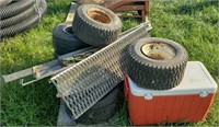 Pallet w/ Coleman Cooler, Small Tires, Trailer