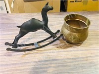 Tin 14" long rocking horse & 6" h copper pot