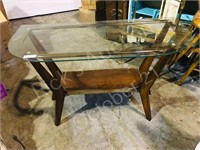 glass & wood sofa table w/ brass