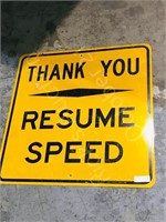 Reflective aluminum "Resume speed " sign