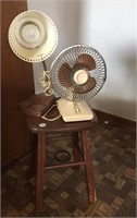 Wooden stool, lamp & fan