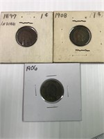 1908, 1906, 1897 Indian Head Cents- 1money