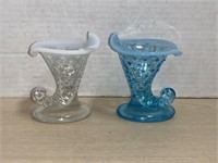 2 Small Hobnob Cornucopia Vases - Blue And Clear