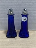 Pair Of Blue Glass Salt & Pepper Shakers