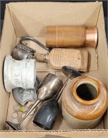 Box of pottery jug, silver plated goblets etc
