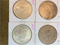 4 Silver Dollars - 1921-S Morgan; 1922, 1923 &