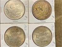 4 Peace Silver Dollars - 1922, 1922, 1923 &