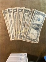 9 Vintage $1 Bills (5 are silver certificates)