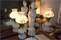 Asian Statue; 2 hand painted lamps; hurricane