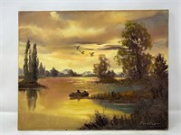 Signed Oil Painting lake/fishing  scene